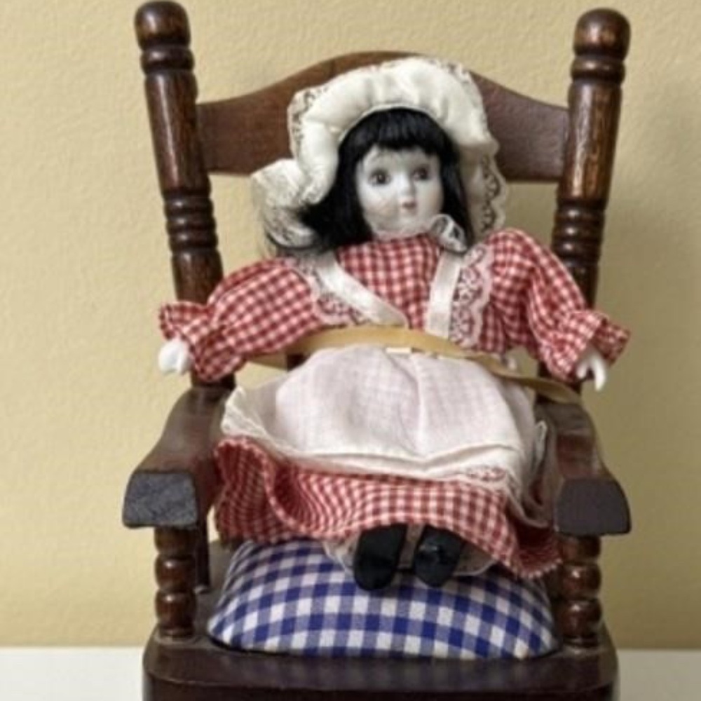 Vintage Playhouse Wood Rocking Chair with Porcelain Doll Home Kids